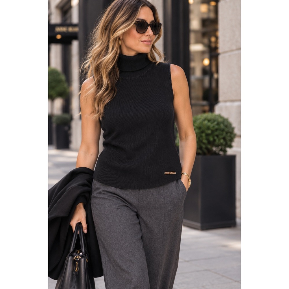 Anne Klein Black Ribbed Sleeveless Turtleneck Sweater Top Chic Minimalist Sz L